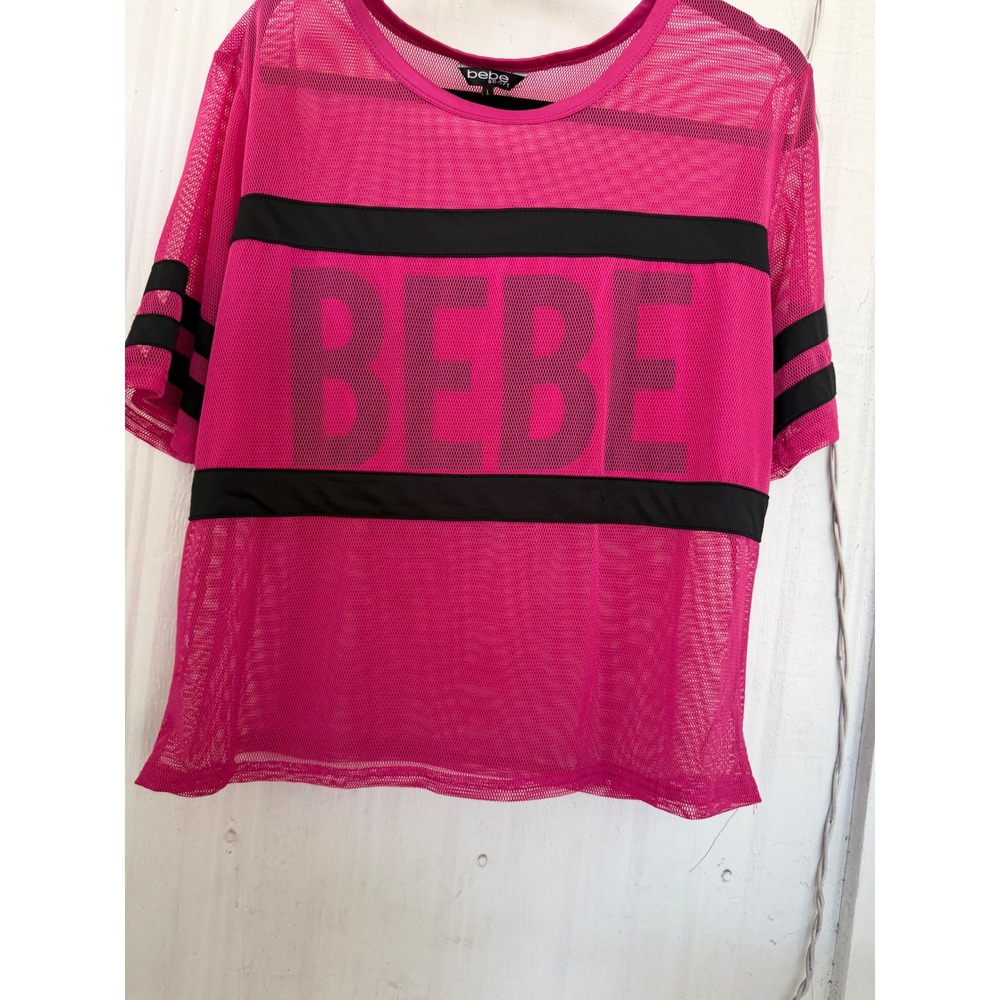 Bebe Sport Womens Hot Pink Mesh Jersey Logo T-Shirt Athletic Stripe Top Large